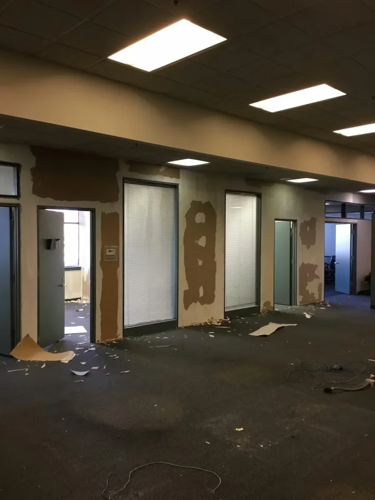 Empty office corridor with fluorescent ceiling lights, carpeted floor littered with debris, and walls showing large patchy areas where paint or wallpaper has been removed around doors and windowed office fronts.