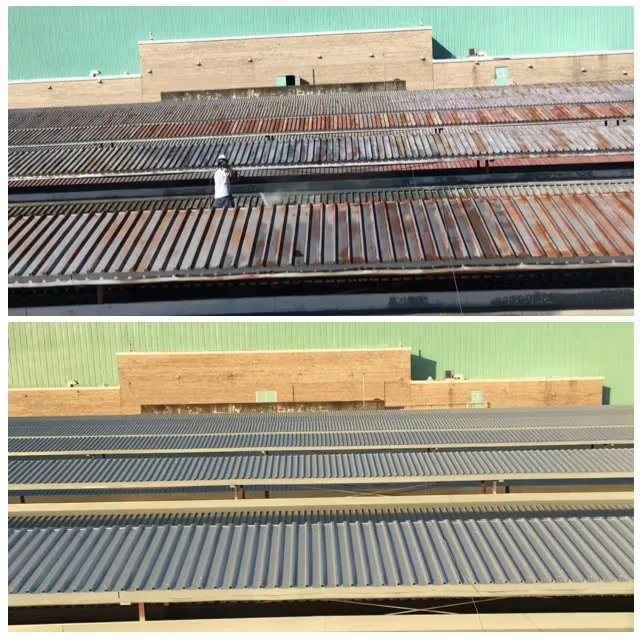 Commercial facility corrugated metal roof shown before and after restoration, with rusted panels being cleaned and coated to a uniform finished surface