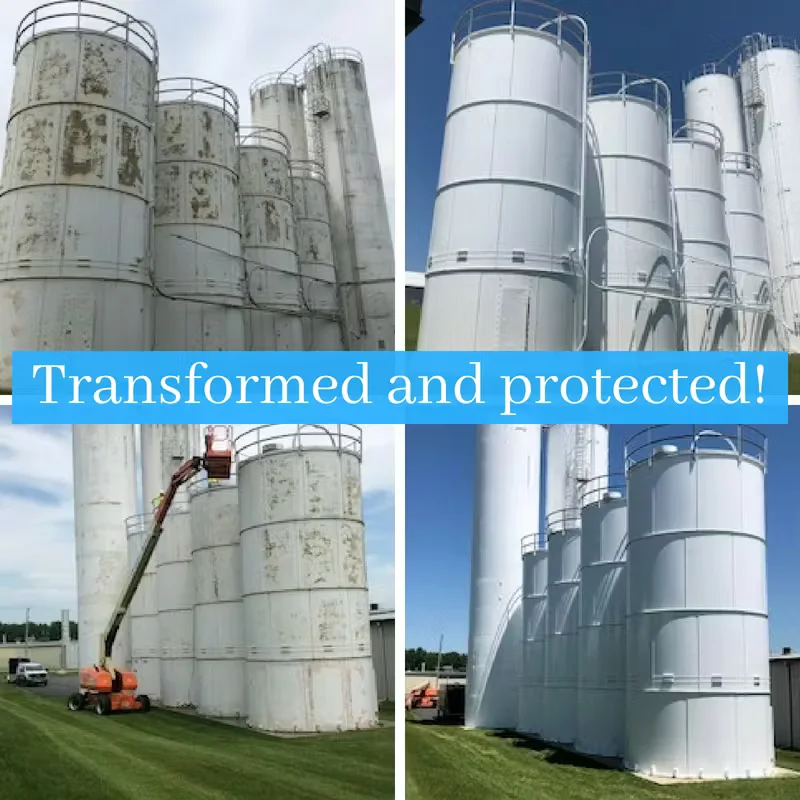 Before-and-after comparison of industrial storage tanks showing corrosion removal and protective coating application, labeled “Transformed and protected!”